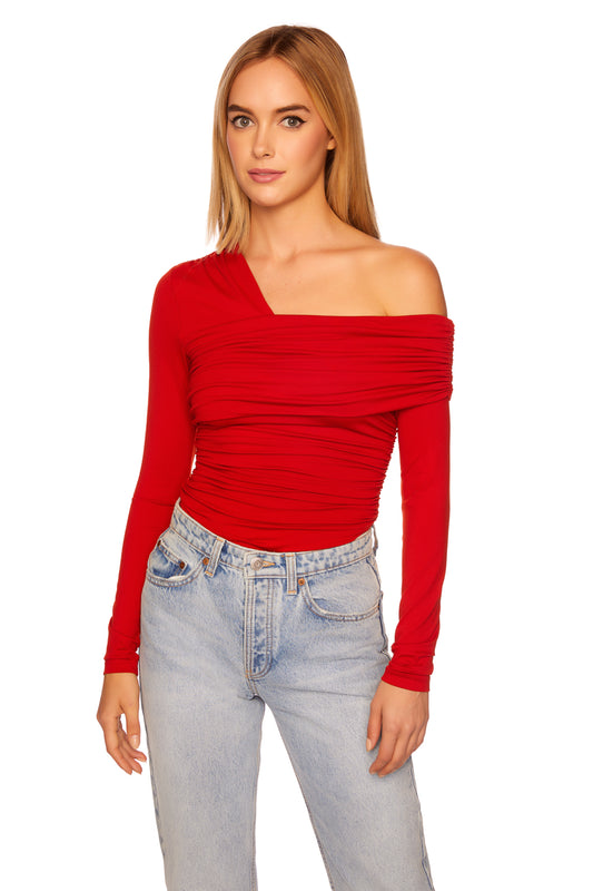 one arm off shoulder gathered top